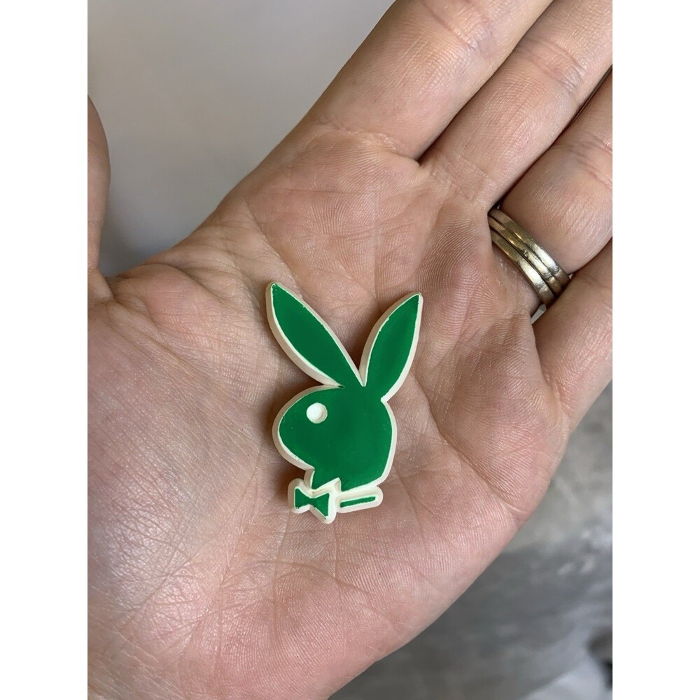 Vintage Playboy Bunny Green White Plastic Lapel Pin 1.5"